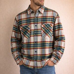 The Kooples Plaid Flannel Button Down Shirt Cream Red Green Men's Size Large